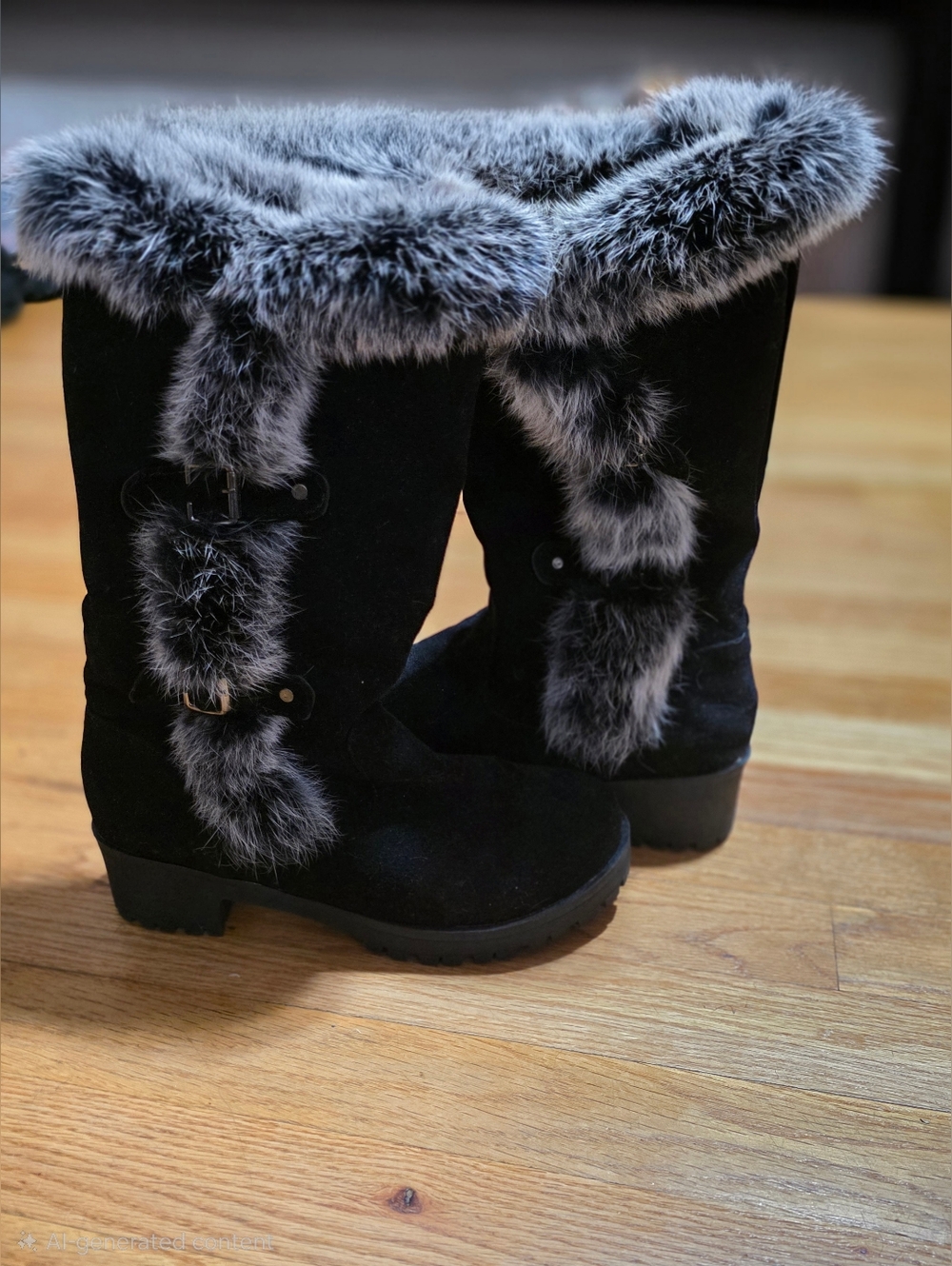 Women's Black Faux Fur-Trim Mid-Calf Boots. Size 8-8 1/2